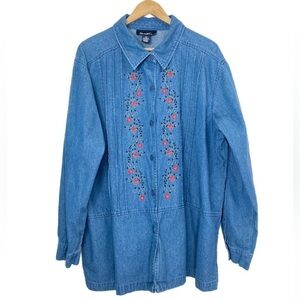 Denim & Co floral embroidery long sleeve denim shirt jacket shacket
